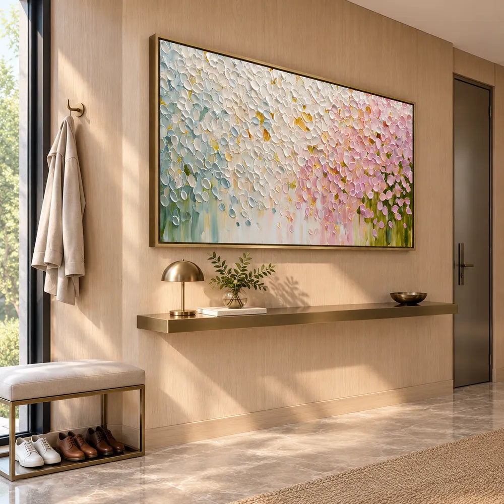 Cream and Pink Hand-Painted Oil Painting, Cascading Floral Petals #AN8LZER5