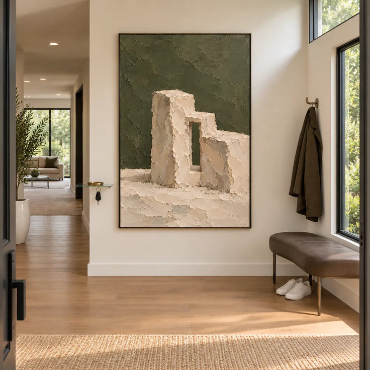 Olive Green Hand-Painted Painting, Cream Stepped Architecture #0MCLXG8H