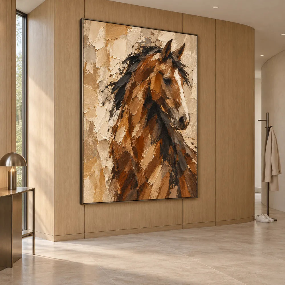 Chestnut Brown Hand-Painted Oil Painting, Expressive Horse Portrait #X4ZDTYL9