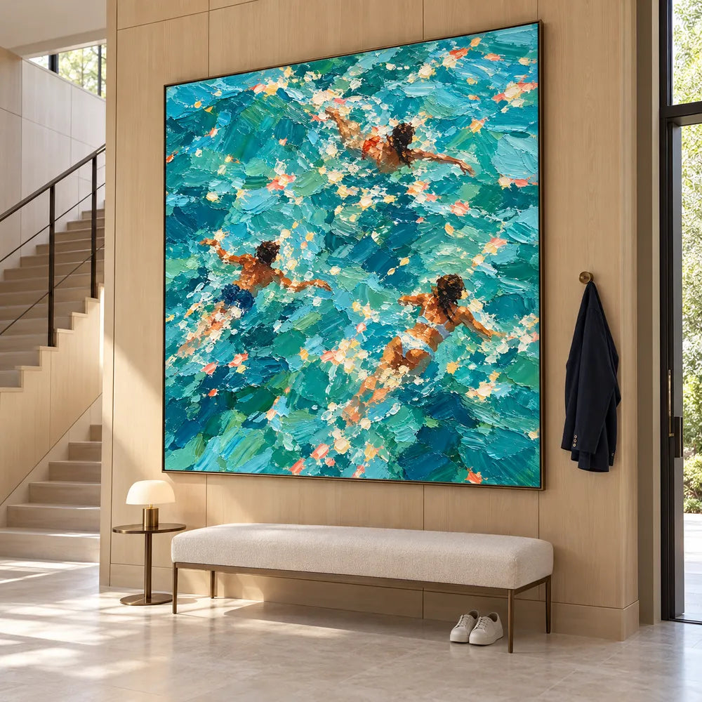 Turquoise Hand-Painted Oil Painting, Three Swimmers Viewed from Above #NL63J63Q