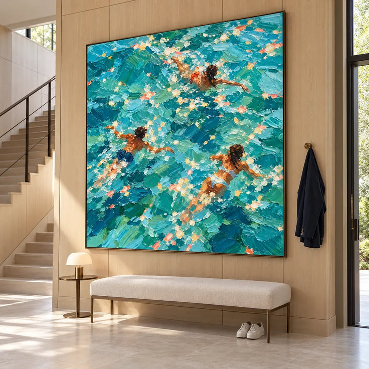 Turquoise Hand-Painted Oil Painting, Three Swimmers Viewed from Above #NL63J63Q