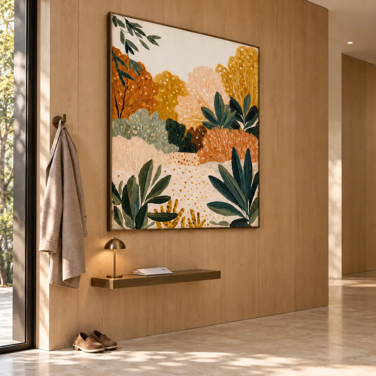 Cream and Ochre Hand-Painted Oil Painting, Stylized Garden Foliage #UATDX9Y6