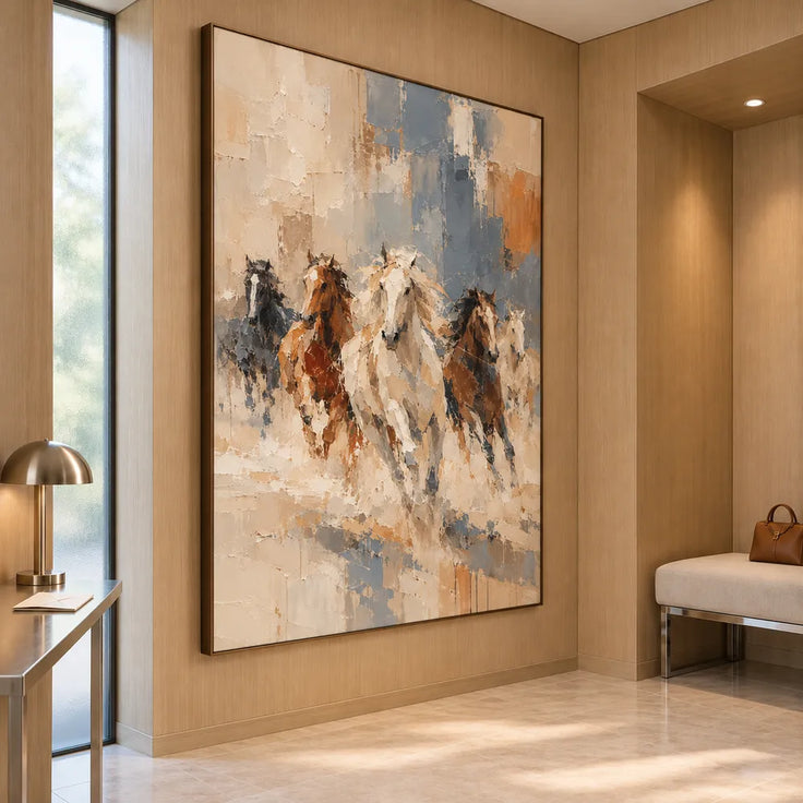 Cream and Slate Blue Hand-Painted Oil Painting, Five Running Horses #63S5E3ZM