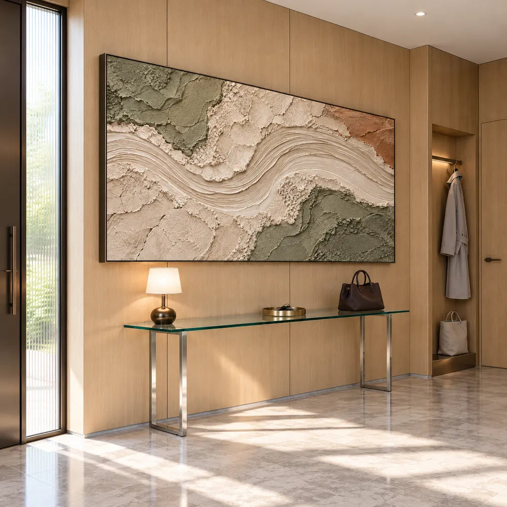 Beige & Sage Hand-Painted 3D Textured Oil Painting, Curved Ribbon Abstract Wall Art #6BLZCD7P