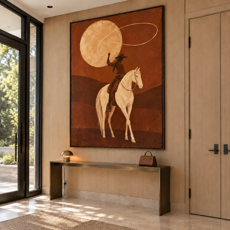 Brown Hand-Painted Oil Painting, Lasso Rider on a Cream Horse #6FDNCBOV