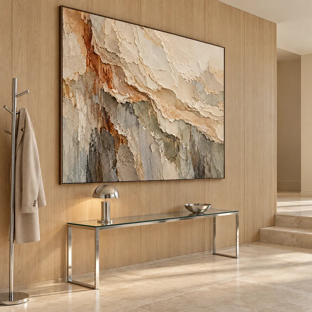 Cream and Gray Hand-Painted 3D Textured Oil Painting, Diagonal Abstract Escarpment #46H337UB