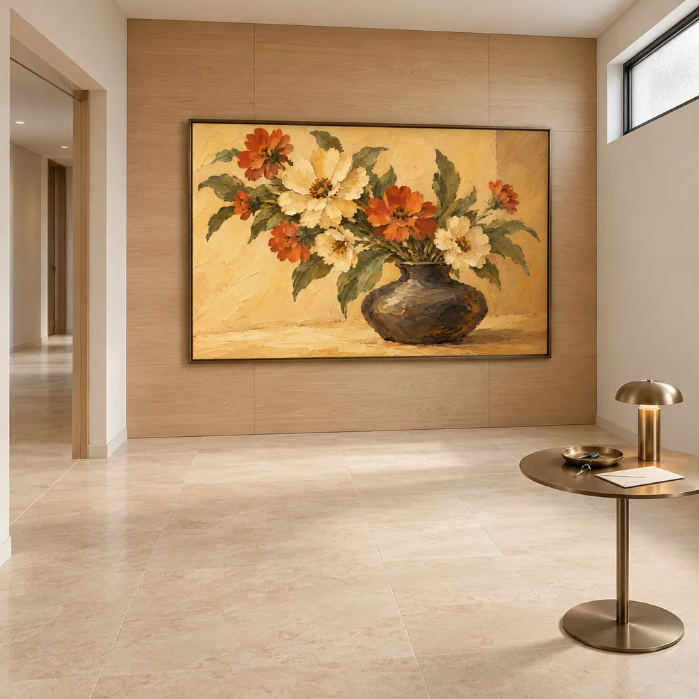 Yellow Hand-Painted Oil Painting, Cream and Orange Floral Bouquet #8FD36JJN