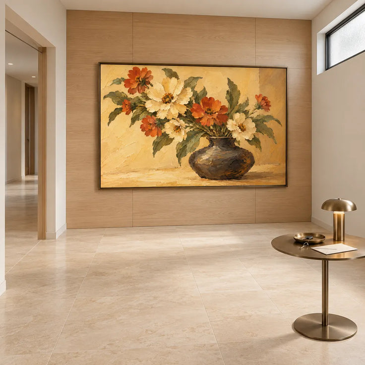 Yellow Hand-Painted Oil Painting, Cream and Orange Floral Bouquet #8FD36JJN