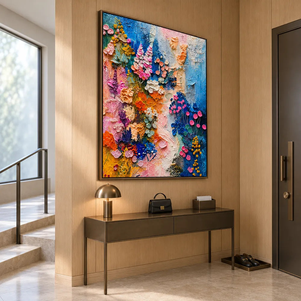 Blue and Pink Hand-Painted Oil Painting, Expressive Floral Abstract #SPCZIUW7
