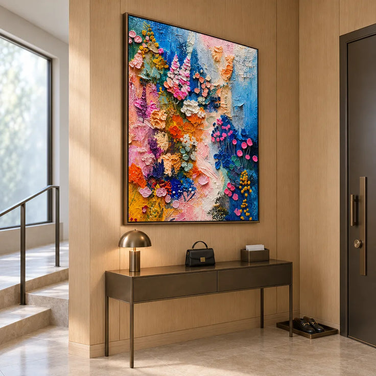 Blue and Pink Hand-Painted Oil Painting, Expressive Floral Abstract #SPCZIUW7