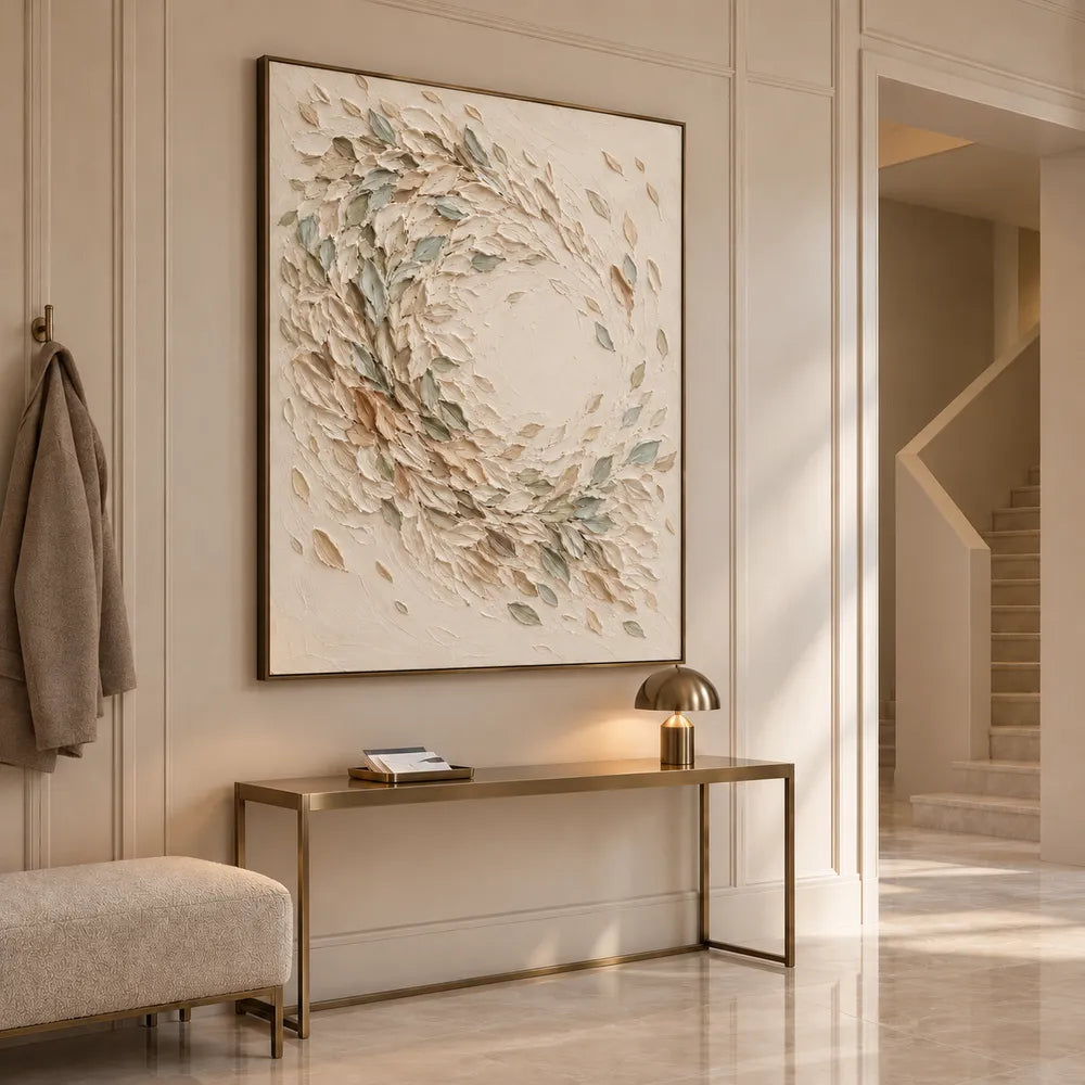 Cream Hand-Painted 3D Textured Oil Painting, Sage Leaf Swirl Wall Art #2JPRKE6N