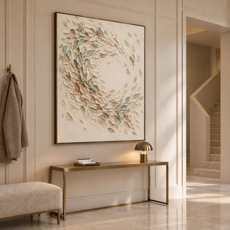 Cream Hand-Painted 3D Textured Oil Painting, Sage Leaf Swirl Wall Art #2JPRKE6N