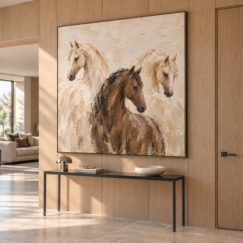 Cream and Brown Hand-Painted Oil Painting, Three Horses #FLZV73BL