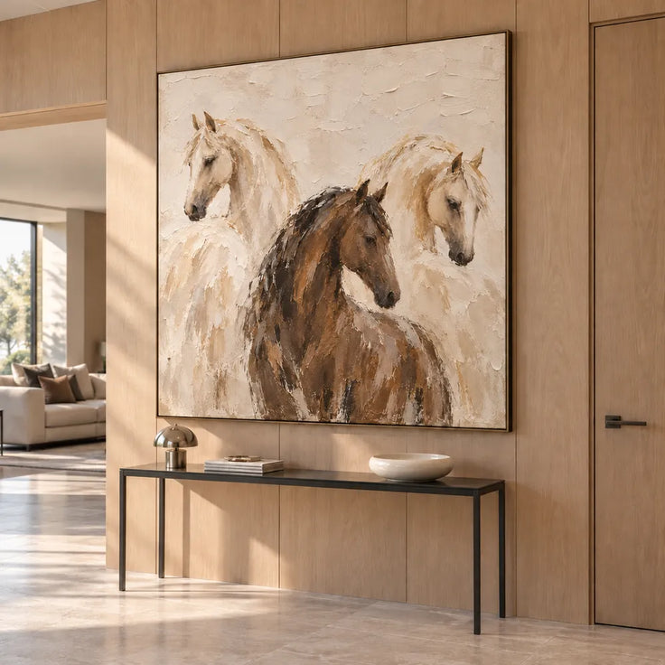 Cream and Brown Hand-Painted Oil Painting, Three Horses #FLZV73BL
