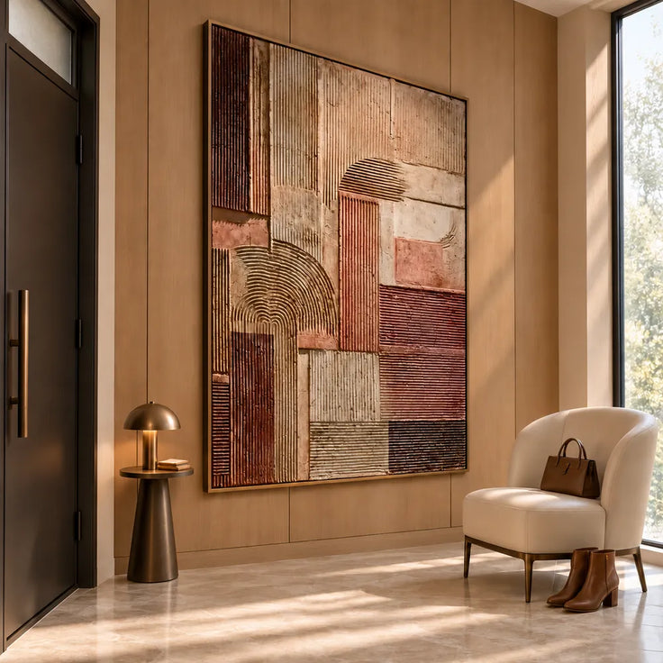 Brown and Beige Hand-Painted Oil Painting, Geometric Arches and Linear Blocks #SOT3Y088
