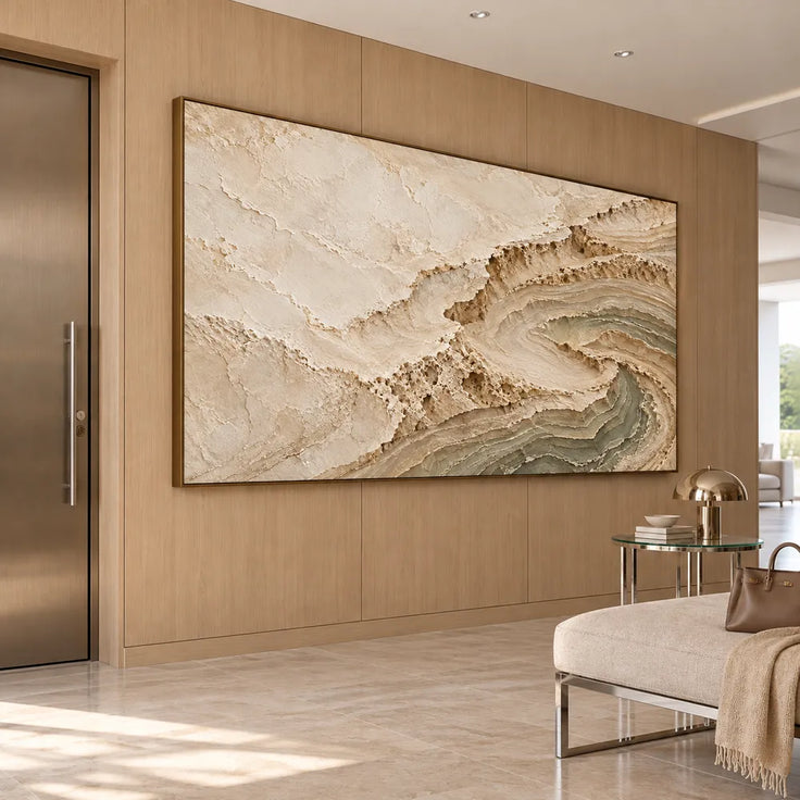 Cream and Sage Hand-Painted 3D Textured Oil Painting, Curling Contour Relief #C9QZSV3G