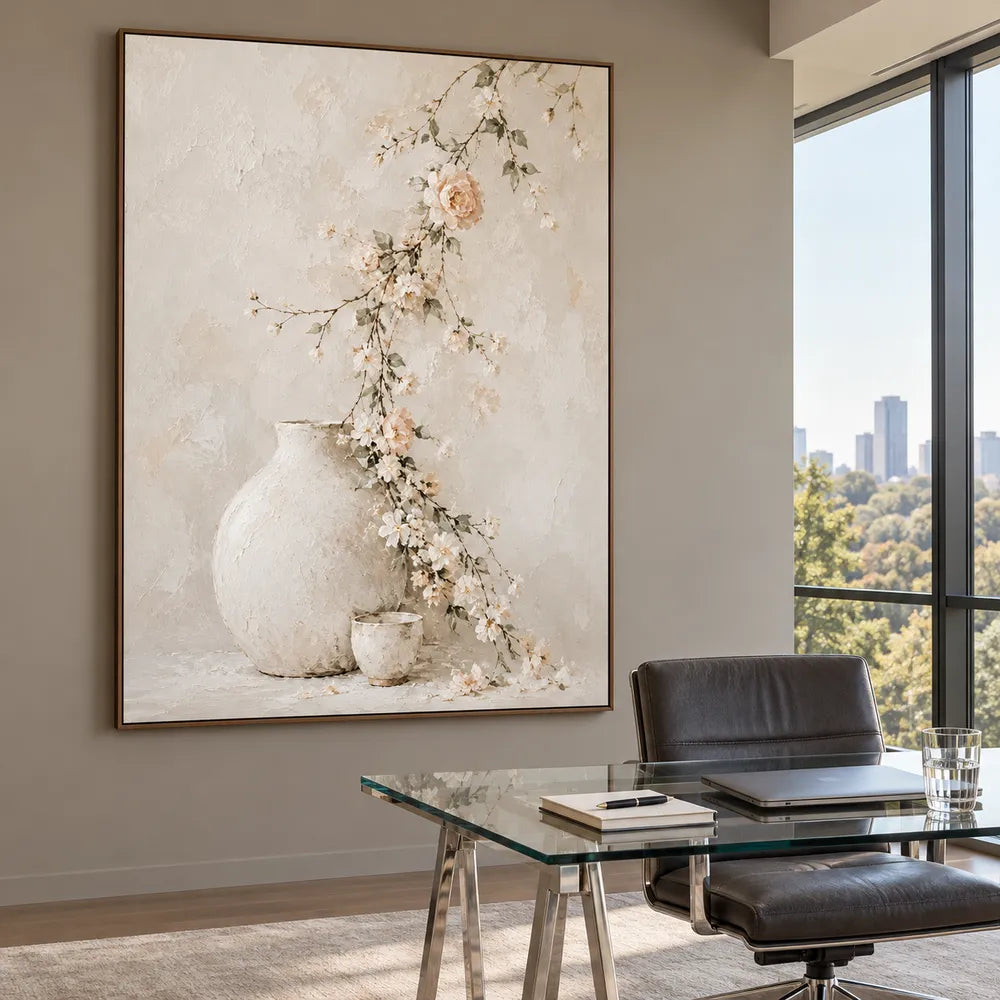 Ivory Hand-Painted Oil Painting, Trailing Blossoms and Pale Vessels #5LFVTUHO
