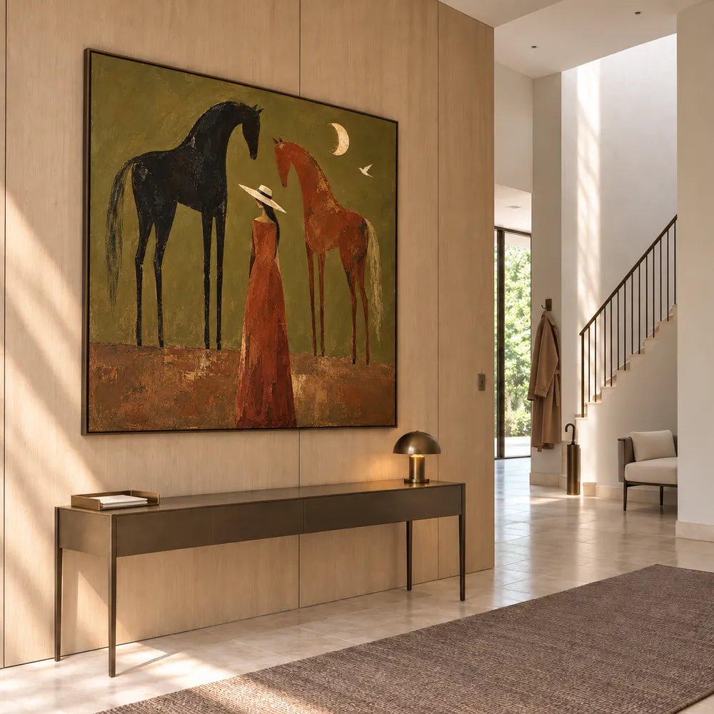Olive & Rust Hand-Painted Oil Painting, Woman and Horses with Crescent Moon #HO11S3B9