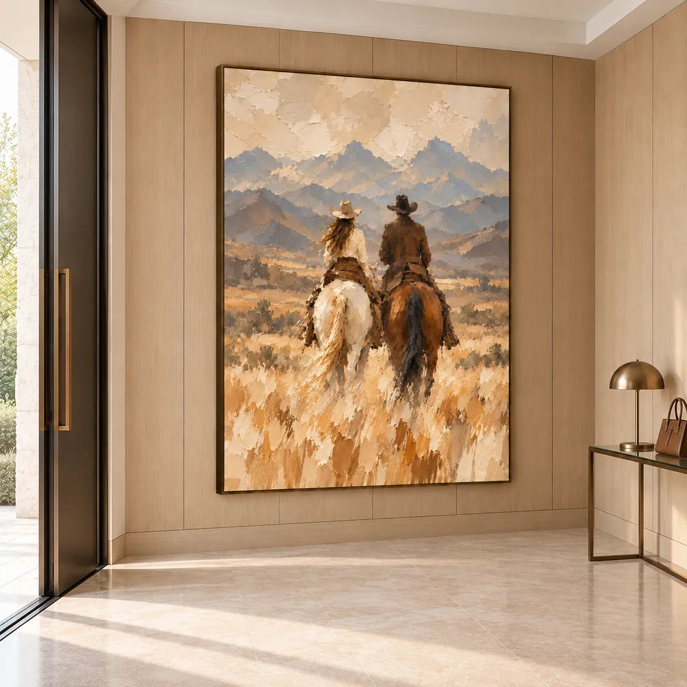 Sand and Blue Gray Hand-Painted Oil Painting, Riders Facing the Mountains #3TULKAQH