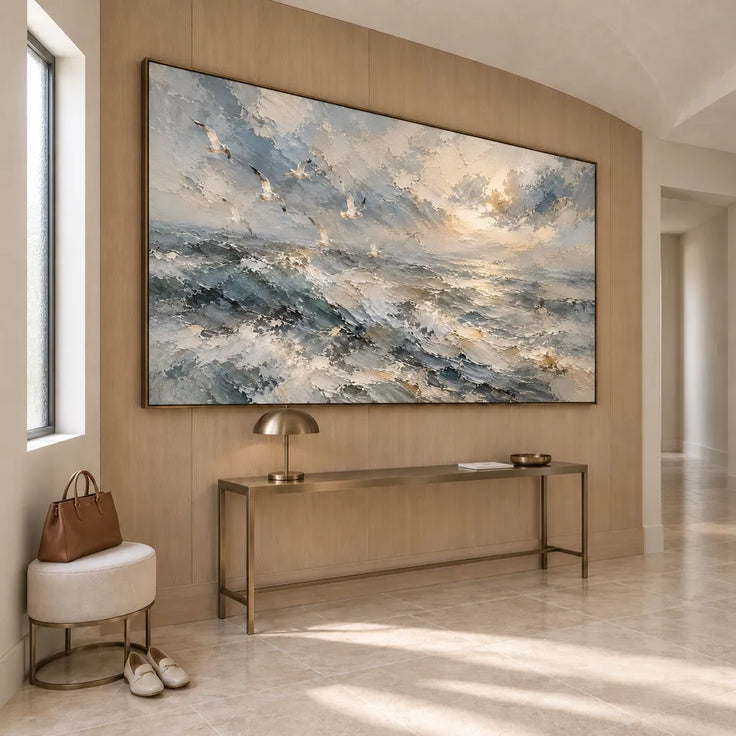 Blue-Gray Hand-Painted Oil Painting, Breaking Waves and Open Sky #KJ75TCEM
