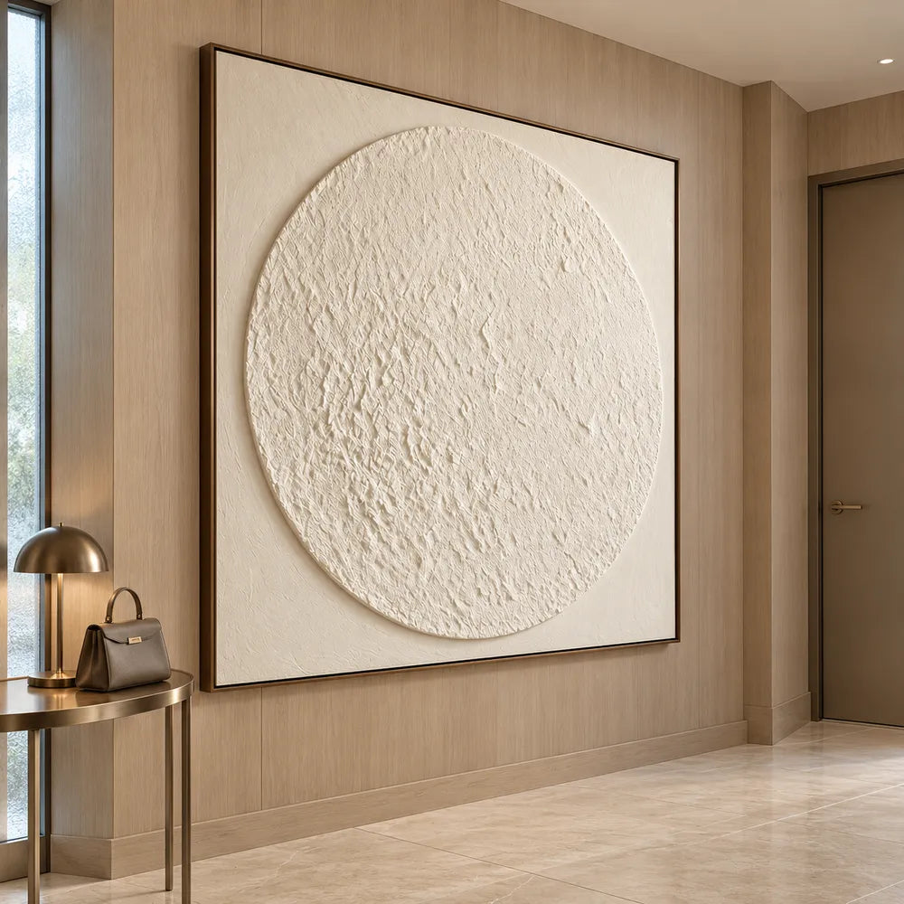 Ivory Hand-Painted 3D Textured Oil Painting, Textured Circle Abstract #GFK55X3M