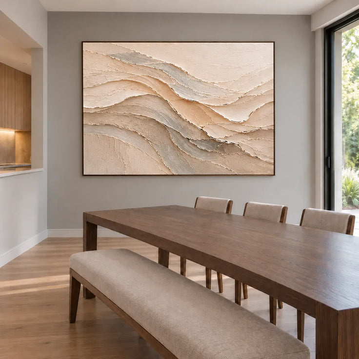 Cream & Beige Hand-Painted 3D Textured Oil Painting, Flowing Neutral Abstract Wall Art #75VVTF8C