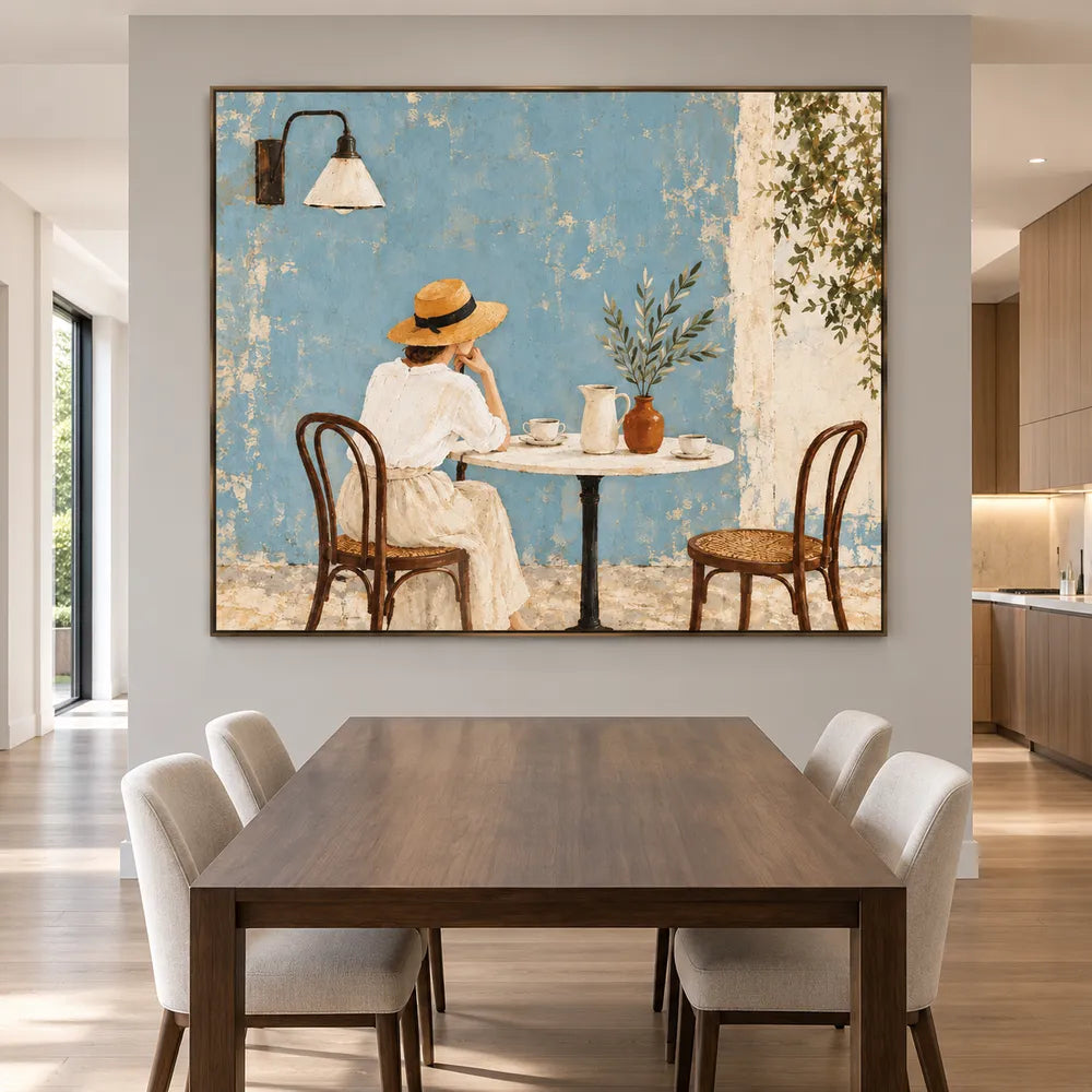 Blue Hand-Painted Oil Painting, Woman at a Cafe Table Wall Art #1IE39W18