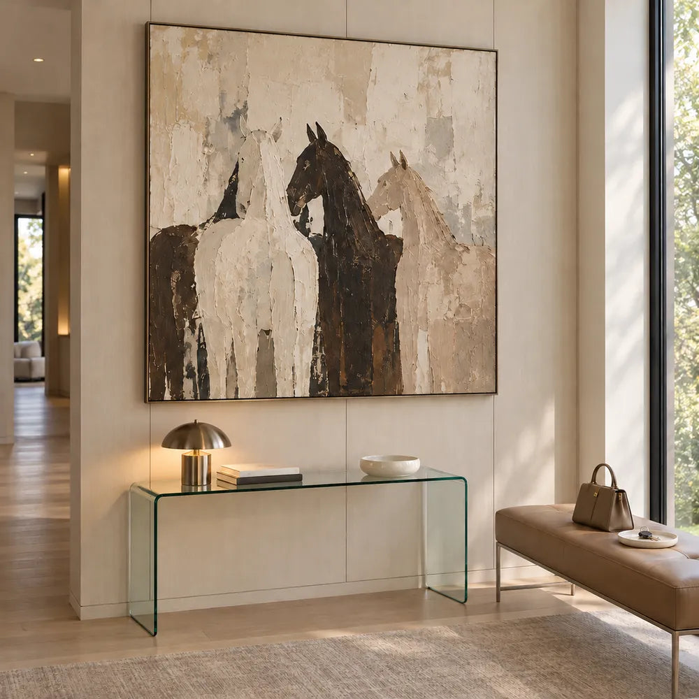 Cream and Brown Hand-Painted Oil Painting, Four Overlapping Horses #8B5N34SV
