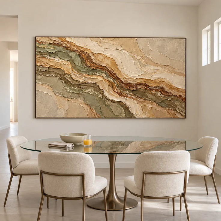 Earth-Tone Hand-Painted 3D Textured Oil Painting, Olive and Brown Strata #CZ83GDFB