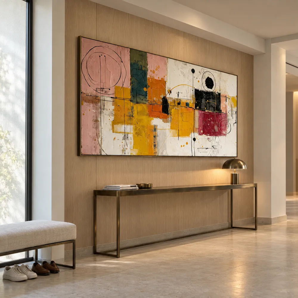 Mustard and Burgundy Hand-Painted Oil Painting, Geometric Abstract #LV534W2B