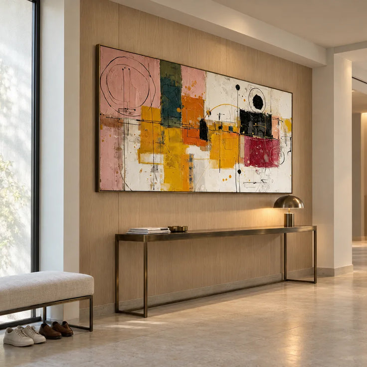 Mustard and Burgundy Hand-Painted Oil Painting, Geometric Abstract #LV534W2B