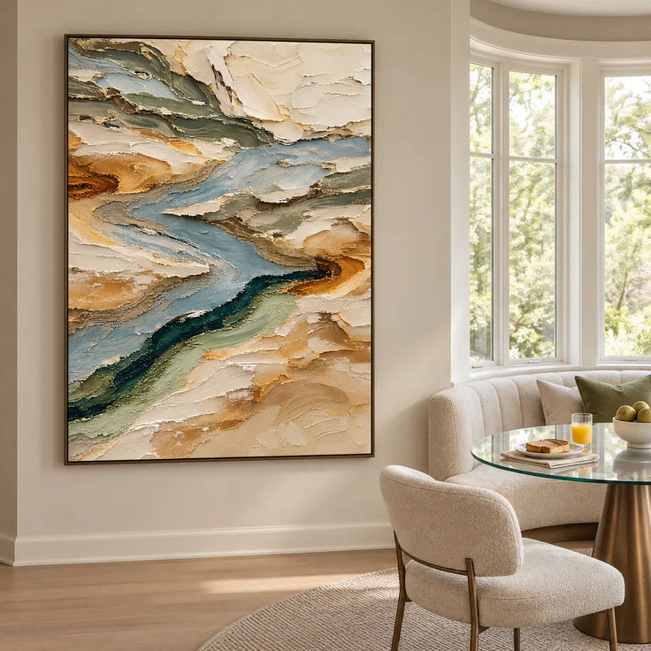Earth-Tone Hand-Painted 3D Textured Oil Painting, Winding Blue-Gray Flow #KHMVTZFC