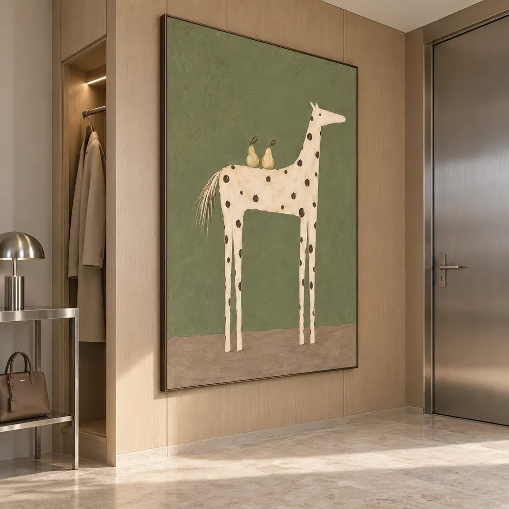 Olive Green Hand-Painted Oil Painting, Spotted Horse Carrying Two Pears #IIUZU07G
