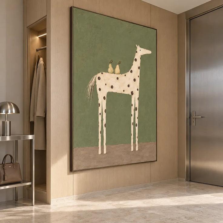 Olive Green Hand-Painted Oil Painting, Spotted Horse Carrying Two Pears #IIUZU07G