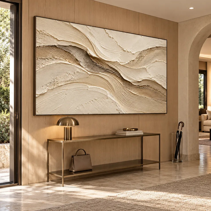 Beige Hand-Painted 3D Textured Oil Painting, Sweeping Layered Wave Abstract #6YZ3XFNK