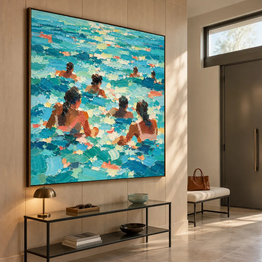 Turquoise Blue Hand-Painted Oil Painting, Seven Swimmers in Sunlit Water #2RV5N5Z4