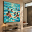 Turquoise Blue Hand-Painted Oil Painting, Seven Swimmers in Sunlit Water #2RV5N5Z4