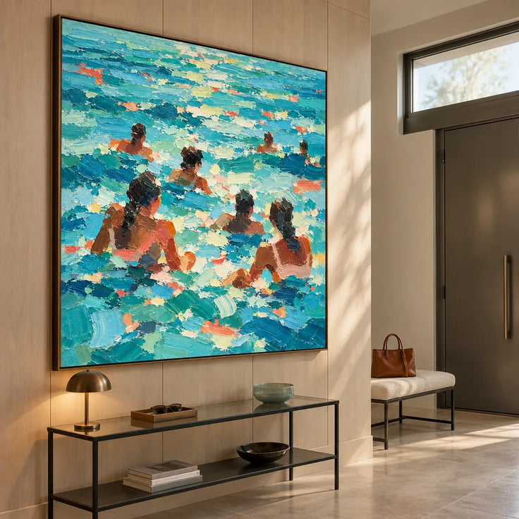 Turquoise Blue Hand-Painted Oil Painting, Seven Swimmers in Sunlit Water #2RV5N5Z4