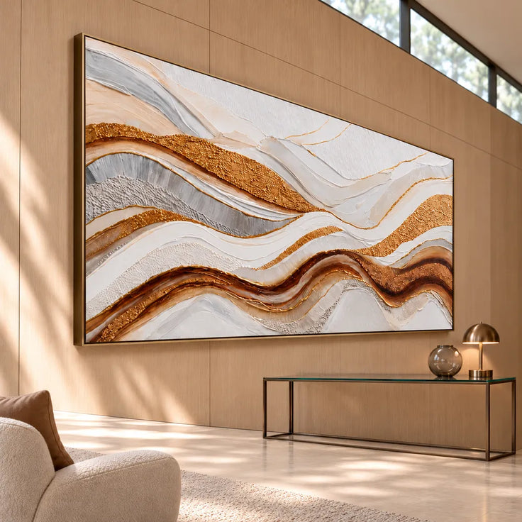 Ivory Gold Hand-Painted 3D Textured Oil Painting, Undulating Bands Wall Art #B19FJV18