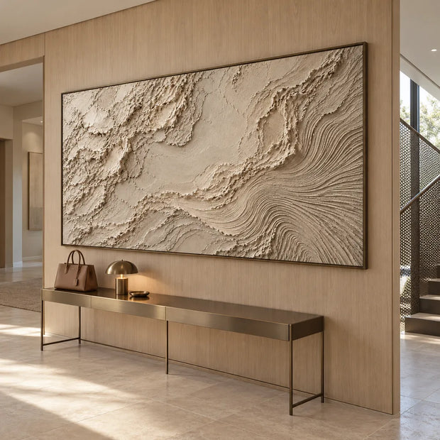 Beige Hand-Painted 3D Textured Oil Painting, Rough Layers and Combed Curves Abstract #IK9DA1WL