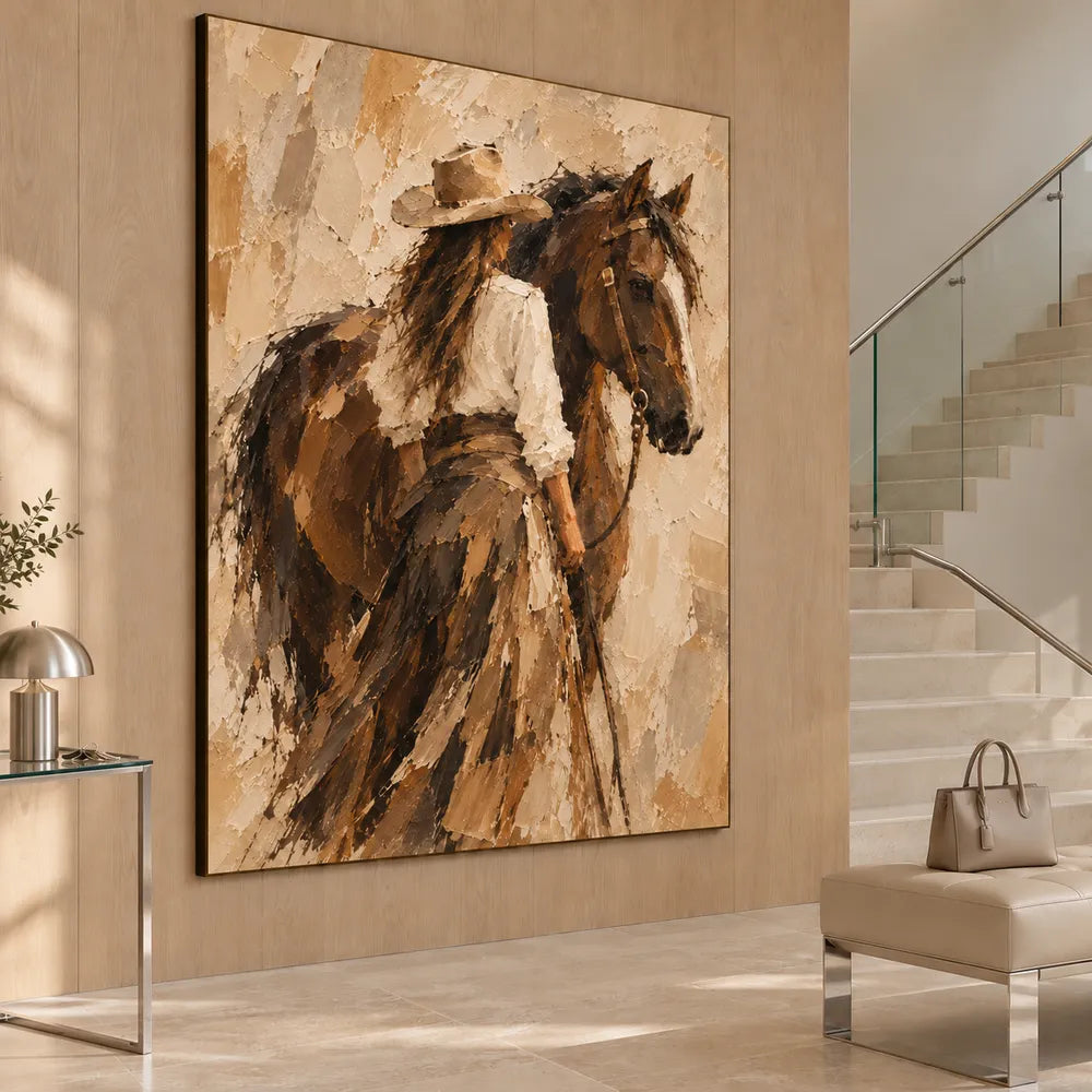 Brown and Cream Hand-Painted Oil Painting, Cowgirl Beside a Horse #JD6LI4AH