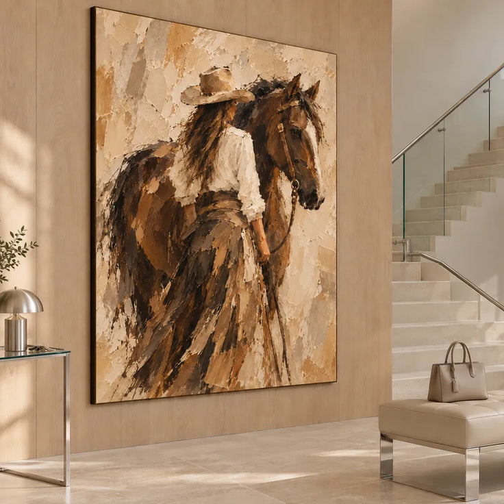 Brown and Cream Hand-Painted Oil Painting, Cowgirl Beside a Horse #JD6LI4AH