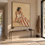 Beige Hand-Painted Oil Painting, Seated Woman with Rust and Ivory Striped Skirt #8OJBHZ91