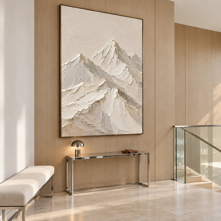 Ivory Hand-Painted 3D Textured Oil Painting, Minimal Mountain Peaks #SUBDFZDI