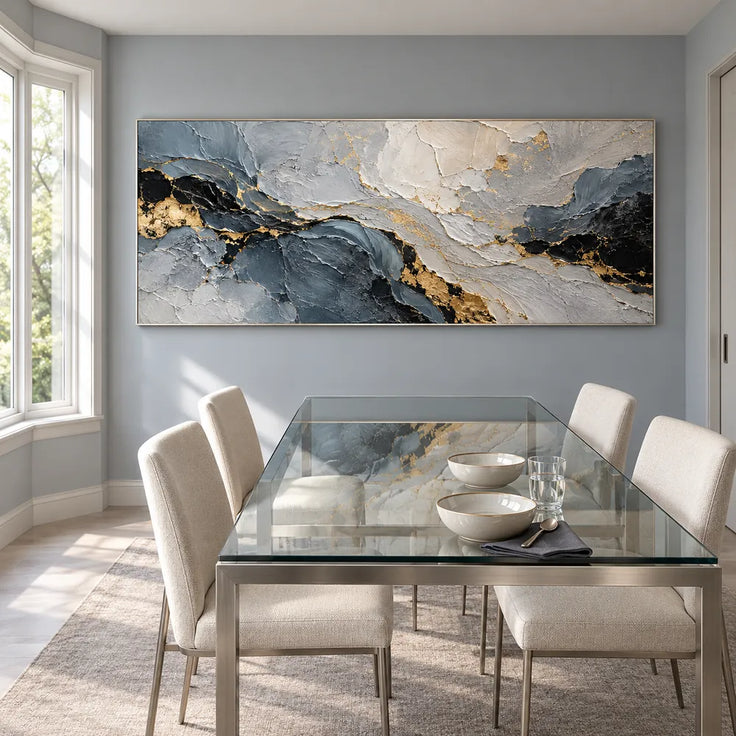 Gray Hand-Painted 3D Textured Oil Painting, Dark Layers and Gold Tones #X6RDSFYU