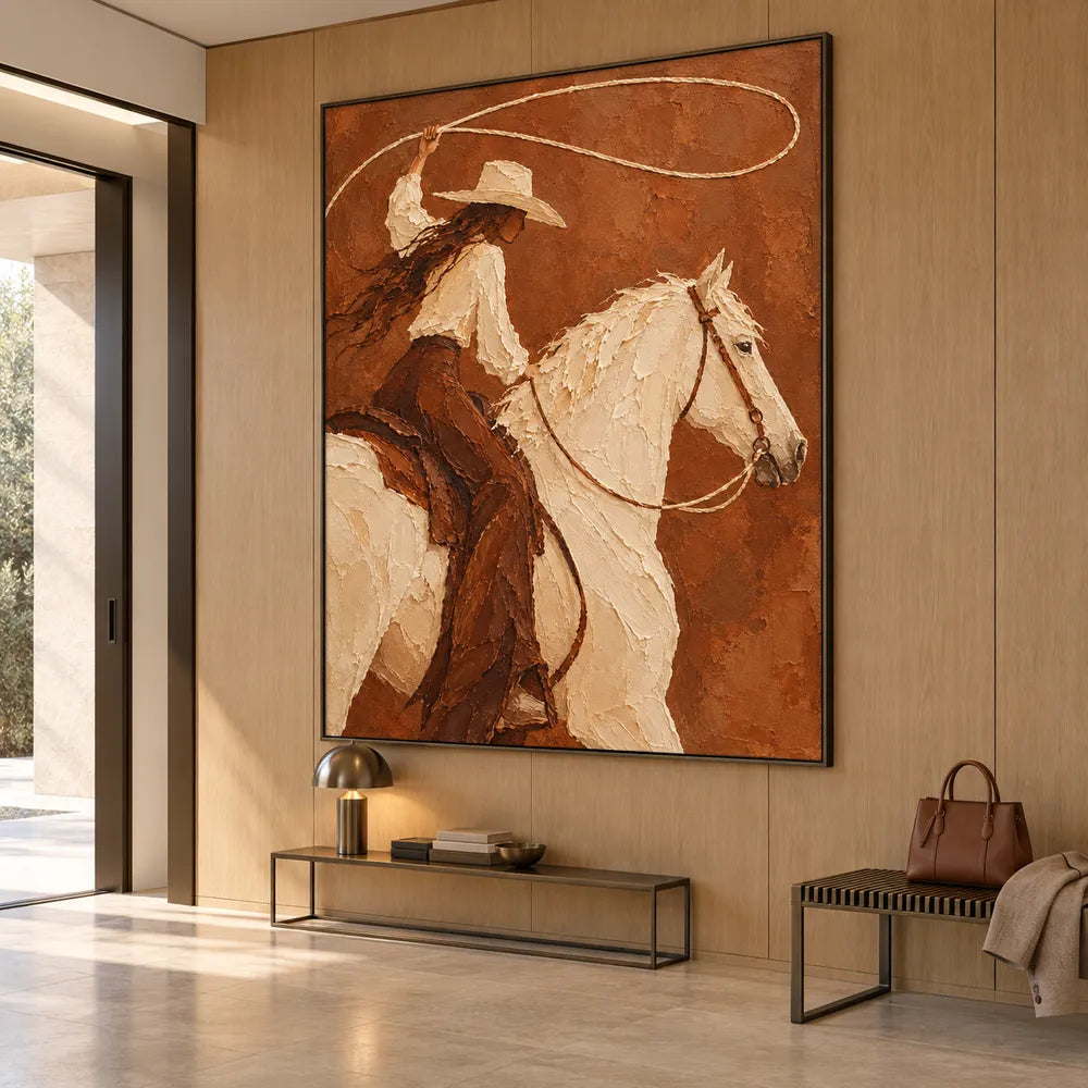 Brown and Ivory Hand-Painted Oil Painting, Cowgirl with Lasso on White Horse #2F4THA0A