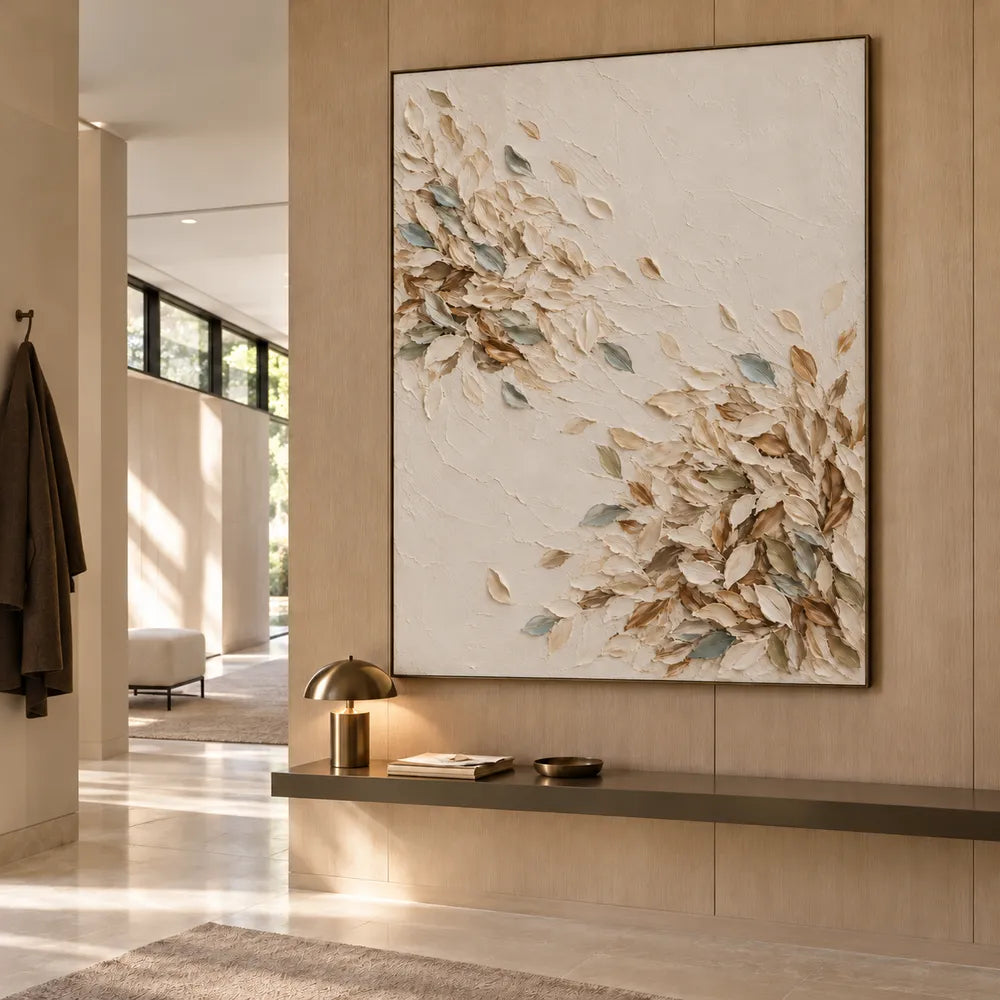 Cream Hand-Painted Oil Painting, Sweeping Leaves with Muted Blue Accents #03M1QDNU