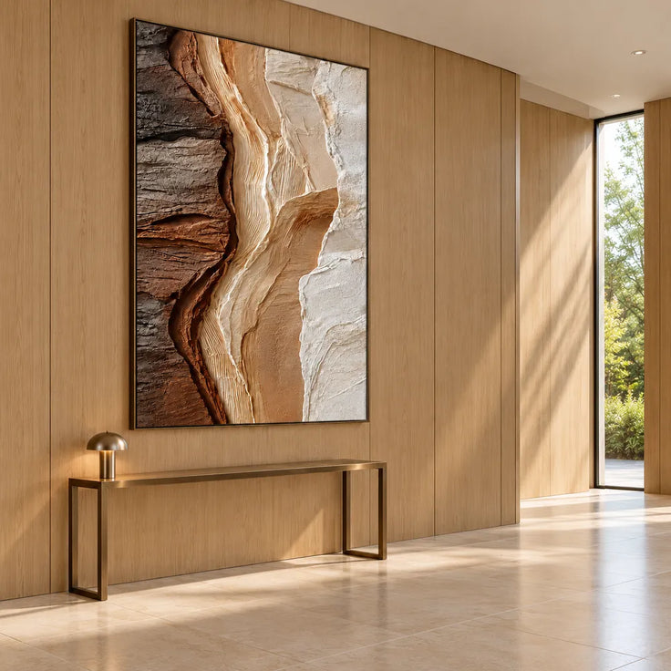 Brown Cream Hand-Painted 3D Textured Oil Painting, Vertical Strata Wall Art #WUOPLO0U