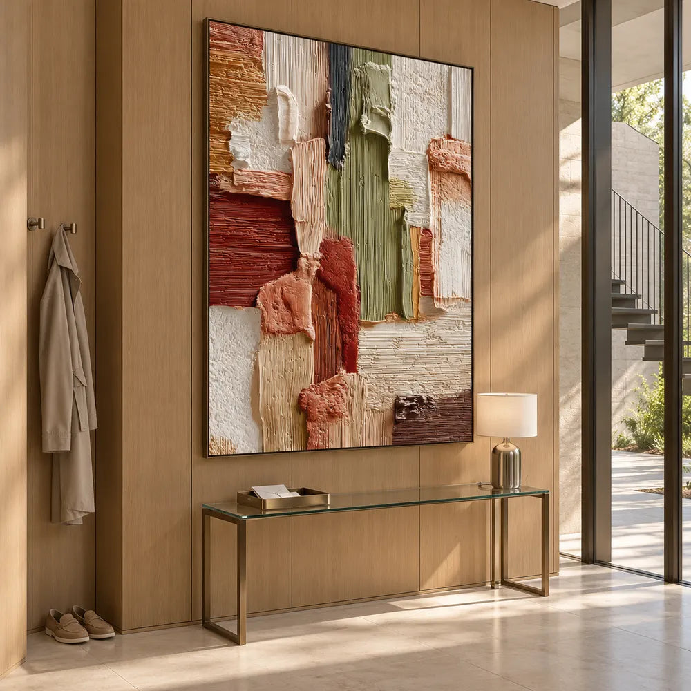 Earth-Tone Hand-Painted 3D Textured Oil Painting, Terracotta & Olive Color-Block Abstract Wall Art #I1ML7OIB