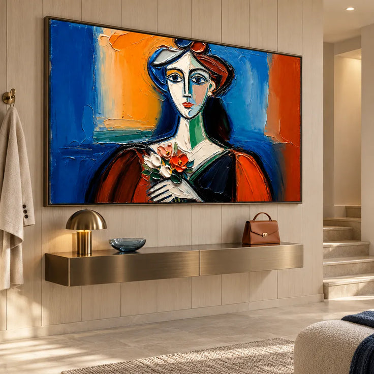 Blue and Orange Hand-Painted Oil Painting, Geometric Woman Holding Flowers #RWCVBPGR
